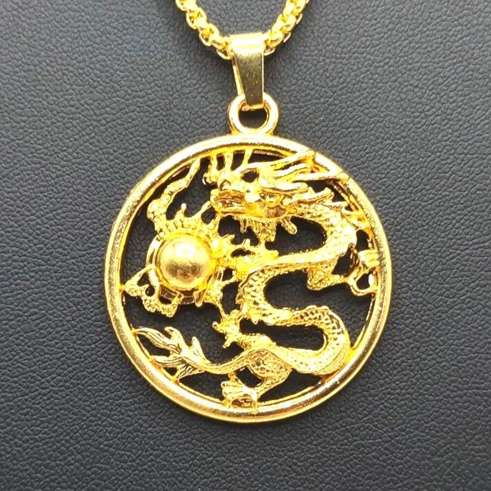 Gold Stainless Chinese Dragon Necklace Asian Zodiac Astrology Fashion Gift NEW!